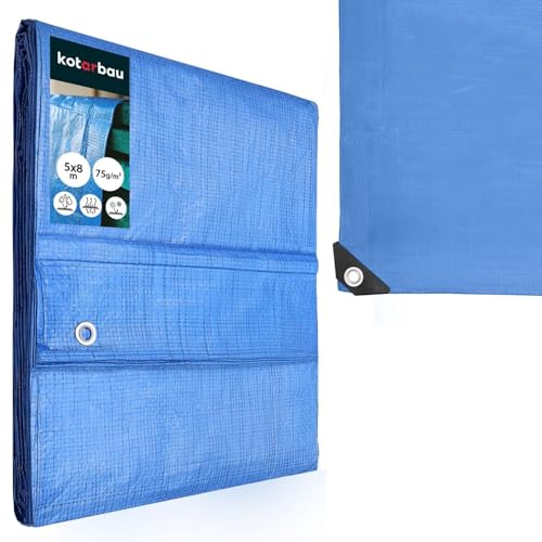 KOTARBAU® Telo Impermeabile Esterno - Polietilene - 5 x 8 m - Blu - 75 g/m² - Telo Sotto Piscina Fuori Terra - Copertura con Occhielli - Telone Robusto - Copertura Esterna - Telone da Giardino