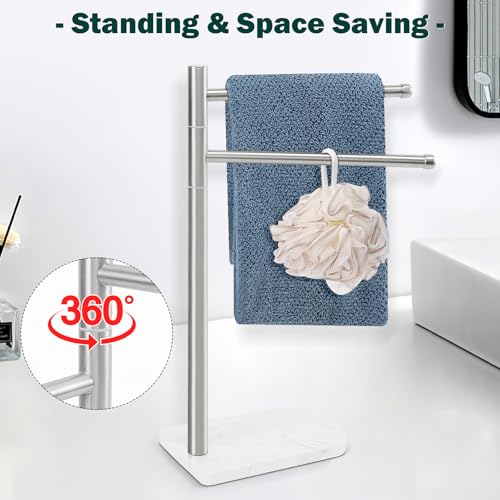 Foto de Toallero de mano, soporte para toallas de mano en forma de F con base de mármol, toallero giratorio de acero inoxidable para toalla de mano para baño, encimera de cocina, 2 brazos (níquel (imagen 6)