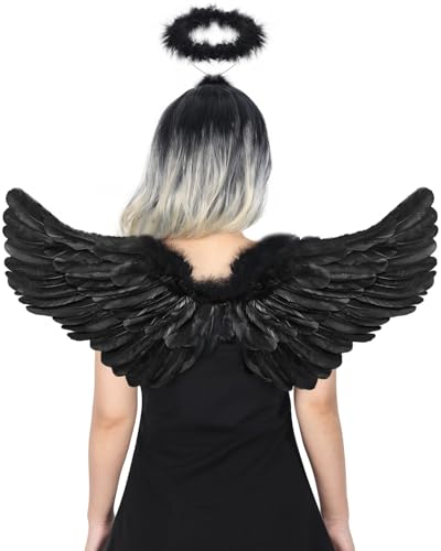 Sunboom Black Angel Wings and Halo for Adult Kids - Dark Devil Angel Wings Black Halo - Fallen Angels Halo and Wings Costume for Women Girls Men Teens