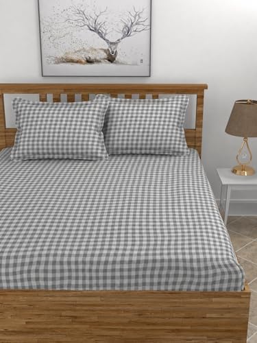 Image of Jashan 210 TC Glace Cotton Checked Design Grey Checked Printed Cotton Bedsheet with Pillow Cover - Soft & Breathable Single Bed Sheet 72x78x10 Inche