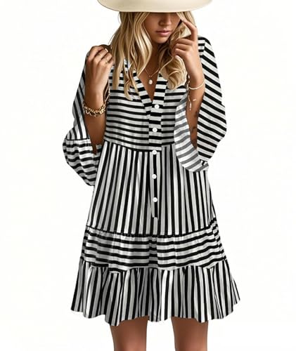 Image of Opemiby Summer Dresses for Women 2026 Flowy Ruffle 3 /4 Sleeve V Neck Tiered Casual Babydoll Boho Beach Mini Dress