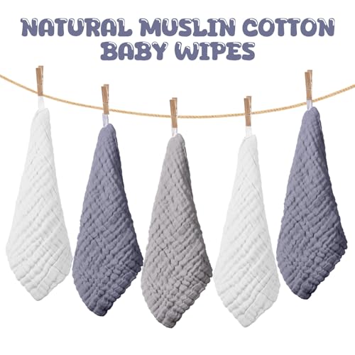 Image of Breling 20 Pcs Baby Muslin Washcloth 12 x 12 Inch 100% Cotton Soft and Absorbent Muslin Washcloth Burp Cloth Wipe Newborn Face Towel for Baby Boy Girl Sensitive Skin(White, Light Gray, Gray)