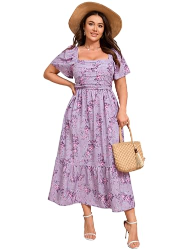 Women Plus Size Dress Short Sleeve Floral Maxi Dress Square Neck Ruffle Smocked Pleated Dresses, Purple Pink Flower, XL