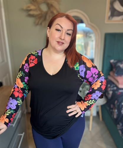 Image of TIYOMI Plus Size Tops for Women Raglan Long Sleeve V Neck T Shirts Casual Color Block Leopard /Floral Tops Winter Tee Shirt
