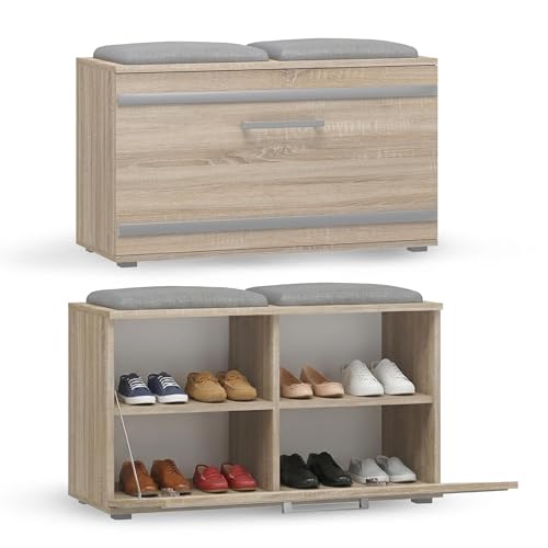 CDF Schuhschrank Opal | Farbe: Eiche Sonoma | Ideal für Diele, Flur, Büro | Schuhaufbewahrung | bequemer Sitz | 4 Schuhregale | modern | Flügeltür