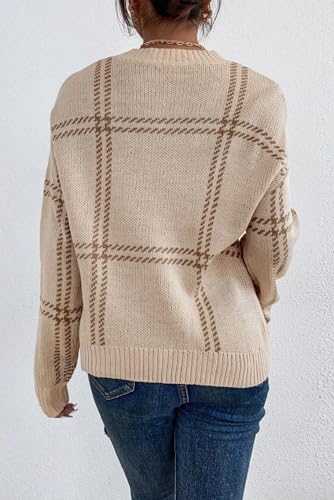 Women's Khaki Plaid Pattern Knitted Long Sleeve Drop Shoulder Sweater3