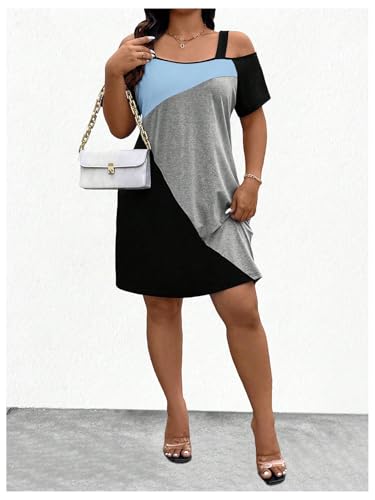 Image of SOLY HUX Women's Plus Size Dress Cold Shoulder Color Block Short Sleeve T Shirt Dress Casual Summer Dresses