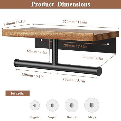 Image of Tindbea Double Toilet Paper Holder with Wood Shelf, Wooden Wall Mount Toilet Paper Roll Holder, Matte Black Stainless Steel Bathroom Toilet Tissue Holder (Sapele, Matte Black)