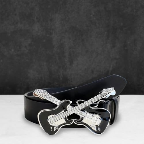 Leather Belt for Men Women, Vintage Leather Waist Belt with Guitar Buckle Punk Rivets Belt Western Leather Belt for4