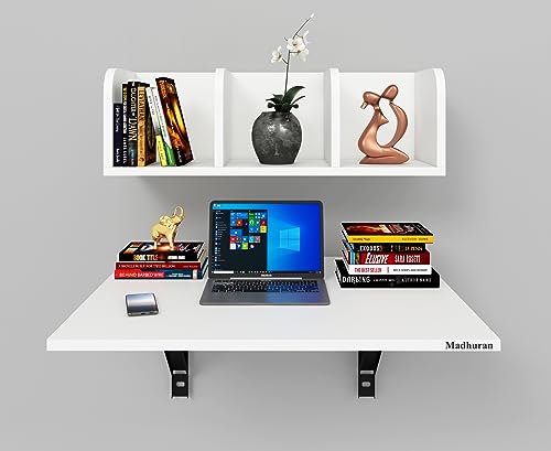 Image of Madhuran Eraadan Engineered Wood Wall Mounted Folding Study Laptop Table with Storage Shelves Shelf Racks (White) Living Room Office Workstation Multipurpose Furniture Accessories