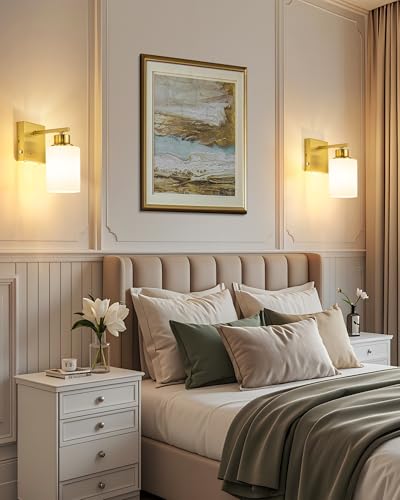 Image of Rayogale Wireless Battery Operated Wall Sconce Set of 2 with Remote Control | Gold Dimmable Rechargeable Wall Lights with Timer, Easy Install White Glass Lamp for Living Room Bedroom, Emergency 3000K