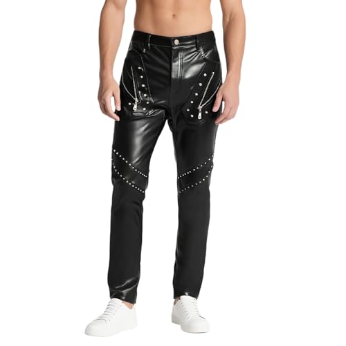 Generisch Fahrradhose Herren Pu Leder Motorradhose Motorrad Herbst Causal Freizeithose Bike Lederhose Kunstleder Motorradpants Wasserdicht Winddicht Bikehose Slim Fit Stretch Outdoorhose