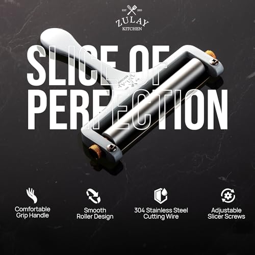 Image of Zulay Kitchen Stainless Steel Wire Cheese Slicer - Adjustable Hand Held Cheese Cutter with 2 Extra Wires - Premium Cheese Shaver For Mozzarella, Cheddar, Gruyere - Cheese Cutter with Wire (White)