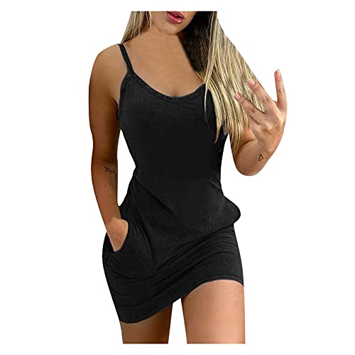 Vestidos Verano Mujer de Fiesta sin Mangas Cuello en V, Vestido 2021 Moda Sexy delgado con Espalda Descubierta Tirantes Correa Casual de Noche Playa Vacaciones Cóctel Rockabilly Clásico(F Negro,XXL)