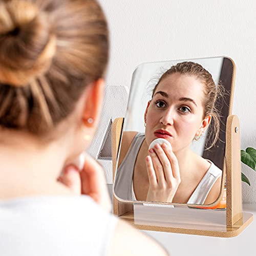 Lotiko Natural Wooden Vanity Makeup Mirror,7 Inch Single Sided 360 Degree Swivel Mirror,Portable Removable Countertop Private Room High-Definition Desk Mirror(Square) #TOP6