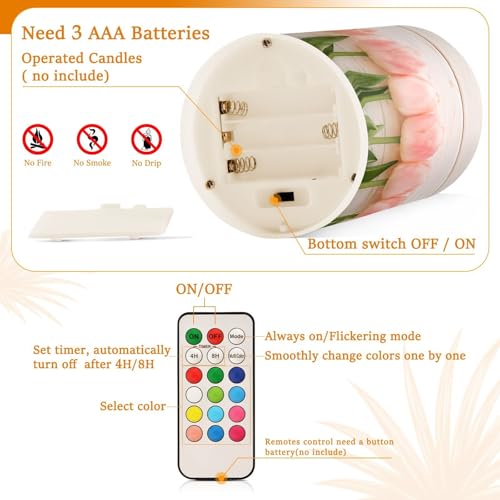Image of Lights Flameless Candles Spring Pink Tulip Flower Pillar Candles Set of 2 Battery Operated Remote Control Warm Lights Home Decor