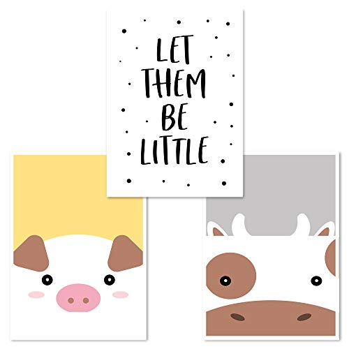 Juego de 3 Cuadros Infantiles, ideales para decorar una habitación infantil o de bebé de un niño o de una niña, DINA4, Cerdo, Let them Be little, Vaca