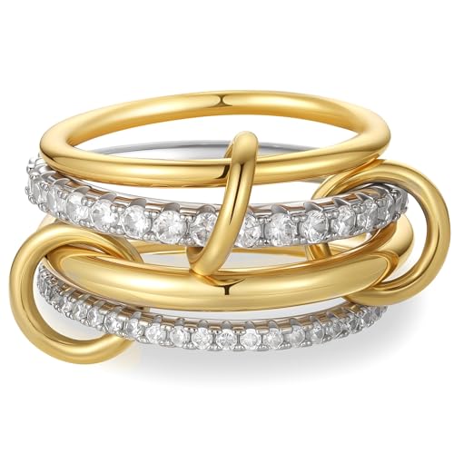 Fimhut Gold Stackable Rings for Women, 18K Gold Plated Cubic Zirconia Rings, Exquisite Silver Gold Multi Ring Mixed Metals Stackable Jewelry Set for Women Hypoallergenic.Birthday Gift Size 8