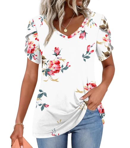 Image of CATHY 2026 Women Tops Summer Short Sleeve Tunic V Neck T-Shirts Loose Casual Floral Blouse S-4XL