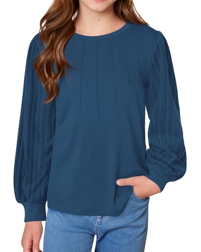 Girls Puff Long Sleeve Shirts Ribbed Knit Fall Blouse Pleated Solid Casual Tunic Top 6-14 Years