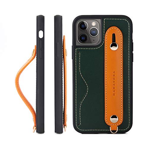 HANATORA IPhone 11Pro グリップケース レザー 本革 ストラップ付属 イタリア製牛革 ヌメ革 片手操作 カード収納 スタンド機能 メンズ レディース グリーン/オレンジ CGH-11Pro-Green-OG