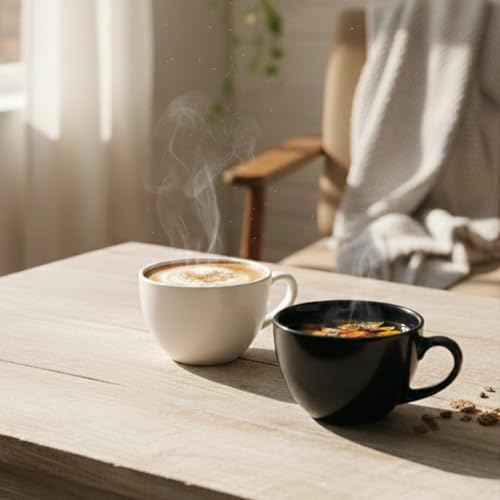 Image of BLACKCARROT Large Fine Ceramic Coffee Cup Set of 2, Black and White, 380ml | Cappuccino Cups | Glossy Finish | Large Ceramic Coffee Cups | Premium Stoneware | Microwave Safe