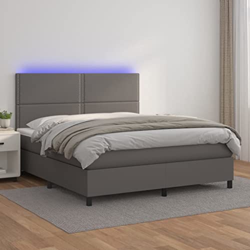 KLYEON Cama Box Spring colchón y LED Cuero sintético Gris 140x200 cm,Cama Box Spring con colchón y Luces LED El Centro de atención de tu Dormitorio Camas y somieres