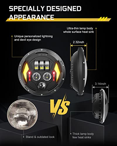 Co Light 7 Inch Round Led Headlights With Halo Angel Eyes Drl Amber Turn Signal Hi/Lo Sealed Beam Headlamp Dot Approved H6024, Compatible With Wrangler Jk Tj Lj Cj, With H4 To H13 Adapter, 2Pcs #TOP2