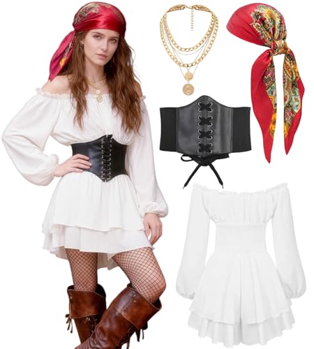 kasahara Piratenkostüm Damen Jumpsuit Set Mittelalter Sexy Piraten Off Shoulder Kleidung mit Korsett, Kopftuch, Karneval Full Faschingskostüm...
