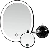 Ovente 8.5'' Lighted Makeup Mirror, Rechargeable Swivel Gooseneck with Attachable Suction Cup Mount, 10X Magnetic Mini Magnifier, Dimmable LED, For Bathroom, Home & Travel, USB Powered, Black MOW22B