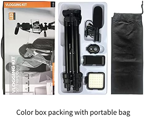 Smartphone Video Kit, Vlogging Kit, Youtuber Kit, with Microphone Light Tripod 50" Extendable Phone Clip Remote Control Compatible with iPhone/Smartphone/Cameras