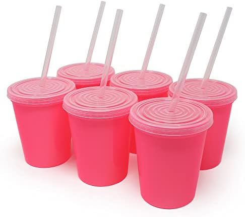 Rolling Sands 16 Oz. Reusable Plastic Stadium Cups with Lids, 6 Pack, USA Made Tumblers and Lids, Includes 6 Reusable Straws; Dishwasher Safe, Hot Pink