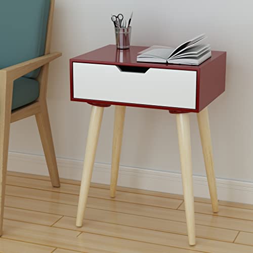 Image of Brown Art SHOPPEE Wooden End Side Table with Drawer,Chest of Drawers Bedside Table Retro Bedside Table Coffee Table or Bedside Table (Brown & White)