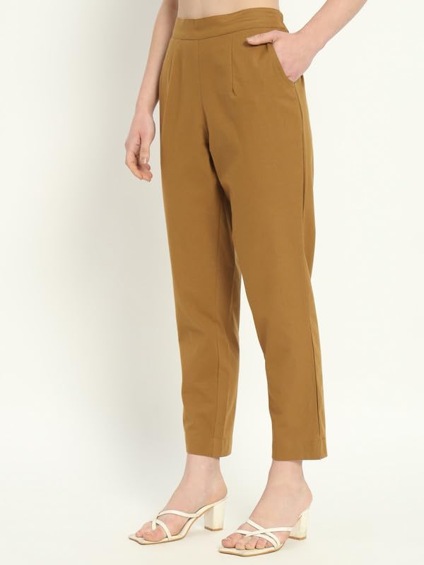 Image of Women's Solid Straight Fit 100% Cotton Trousers | High Waist, Side Pockets, Ankle Length Pants for Office, Casual