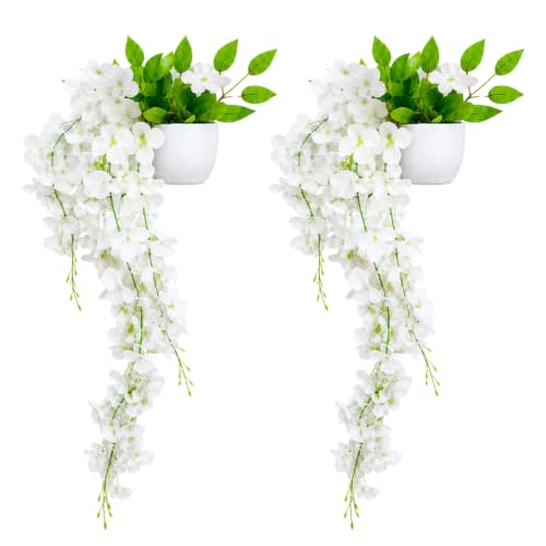 Image of fancymart Artificial Flower White Wisteria Hanging Plant with White Pot, 60 cm Height, Pack of 2, Realistic Floral Vine for Home, Office, Living Room & Wall Decor