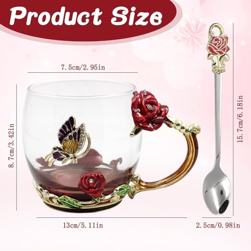 Image of 1PCS Enamels Butterfly Flower Tea Cup, Glass Coffee Mugs with Spoon, Gifts for Birthday Valentines Mothers Day Graduation Christmas, Presents for Women Wife Mom Girls Teacher Friends, 350 ml