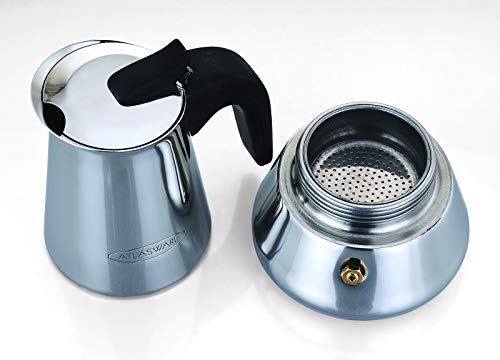 Image of Atlasware Stainless Steel Coffee Maker | Filter Coffee Black Tea Pot Compatible with Induction, Gas Stove | Durable Compact BPA Free Espresso Percolator for Home, Kitchen and Travel (Silver, 2 Cup)
