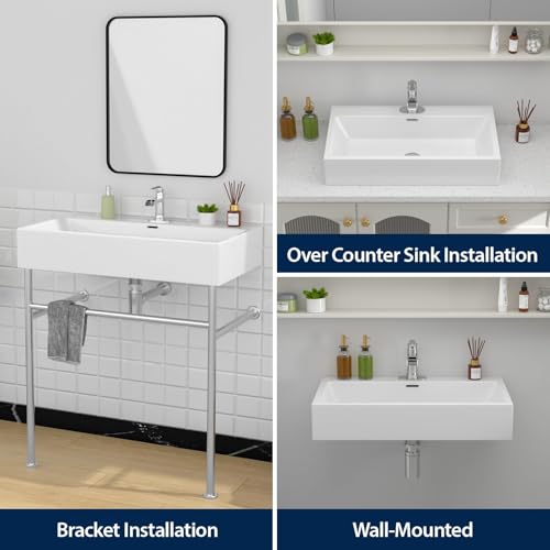 Logmey 30x16.5 Inch Wall Mount Console Bathroom Sink Freestanding White Ceramic Rectangular Outdoor Sink Porcelain Vessel Sink with 30 Inch Silver Support Pedestal Legs