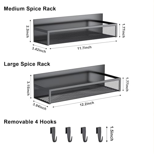 Aufworld Magnetic Spice Rack for Refrigerator, 2 Pack Magnetic Shelf, Fridge Magnet Organizer with Moveable 4 Hooks, Magnetic Fridge Shelf for Kitchen Organization and Storage (2 Pack)