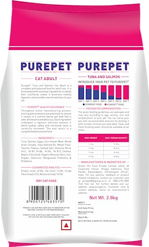 Purepet Adult Dry Cat Food 2.8kg | Tuna & Salmon Flavour | Taurine for Healthy Heart | Healthy Skin & Beautiful Coat | Control Urinary pH | Hair Ball Protection | Prebiotic & Probiotic