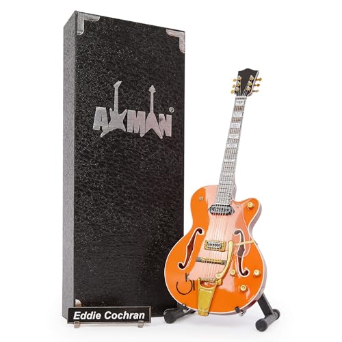 Eddie Cochran Réplique de guitare miniature – Cadeaux de musique – Ornementale faite à la main Échelle 1/4 – Comprend une boîte de présentation, une étiquette de nom et un support de guitare miniature