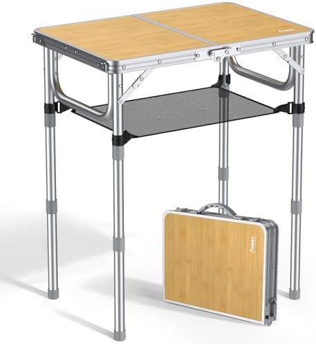Anbte Campingtisch 58x40cm Aluminium Picknicktisch 3 Höhen Verstellbarer Klapptisch Leicht mit Aufbewahrungsnetz MDF Holz-Tischplatte Tragbares Griff für Camping Strand Balkon (Sil
