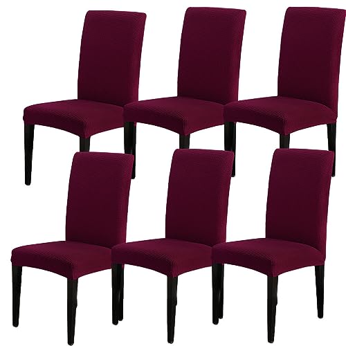 Image of SearchI Chair Covers for Dining Room Set of 6, Stretch Jacquard Kitchen Parsons Chair Covers,Washable Spandex Dining Chair Slipcovers Seat Protector for Hotel,Banquet,Ceremony(Wine Red)