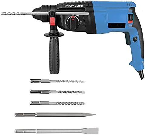 - 800W 26mm Heavy Duty Variable Speed Reversible Rotary Hammer Drill with 5 Bits & Case For Hammering, Drilling & Chiseling on Wood, Metal, Concrete (800-900Watts,Color-Multi, Material-Plastic)