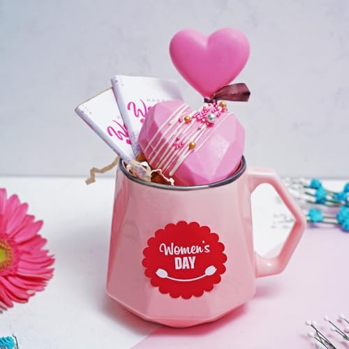 Image of Velvet Fine Chocolates Gift Hamper Loving Womens day mug 2 chocolate bars,1 heart shape hot chocolate pinata, 1 heart shape lollipop inch