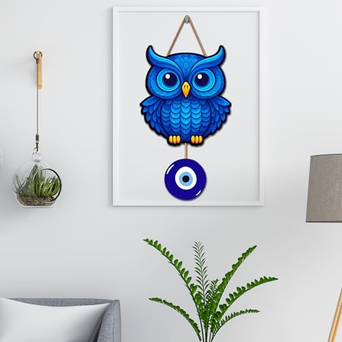Image of Genxtra Blue Owl Wall Hanging with Evil Eye Charm | Wooden Home Decor for Positive Energy & Protection | Perfect Wall Art for Living Room, Bedroom, Office & Gift for Housewarming or Diwali