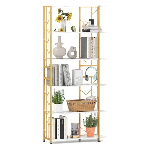 GIANTEX Librería de 6 Niveles con Estructura de Metal y Estantes Abiertos, 80 x 31 x 180 cm, Estantería de Almacenamiento para Salón, Oficina, Estudio (Blanco+Dorado)