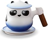 HOLLIHI Chinese Panda Porcelain Tea Cup with Infuser Lid and Saucer Tea Mugs Wooden Handle 11oz, Ceramics ffee Mug Teacup Loose Leaf Tea Brewing Syem for Home Office (03-Blue)