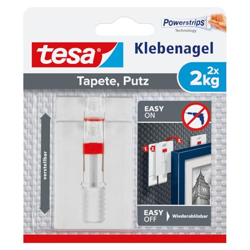 tesa Clavo Adhesivo Ajustable para Paredes Pintadas y Yeso 2 kg, Colgador con Altura Ajustable Sin Perforaciones, Paquete con 2 Clavos Adhesivos y 6 Tiras