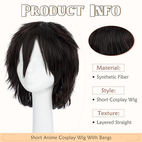 Image of S-noilite Short Brown Cosplay Hair Wig for Unisex Women Men Pixie Layered Wigs for Halloween Anime Costume Party Fluffy Synthetic Wigs (Dark Brown)